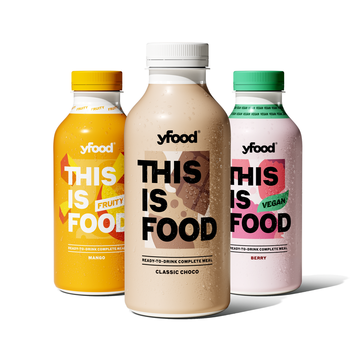Drei yfood-Flaschen — vollwertige Mahlzeiten zum Trinken
